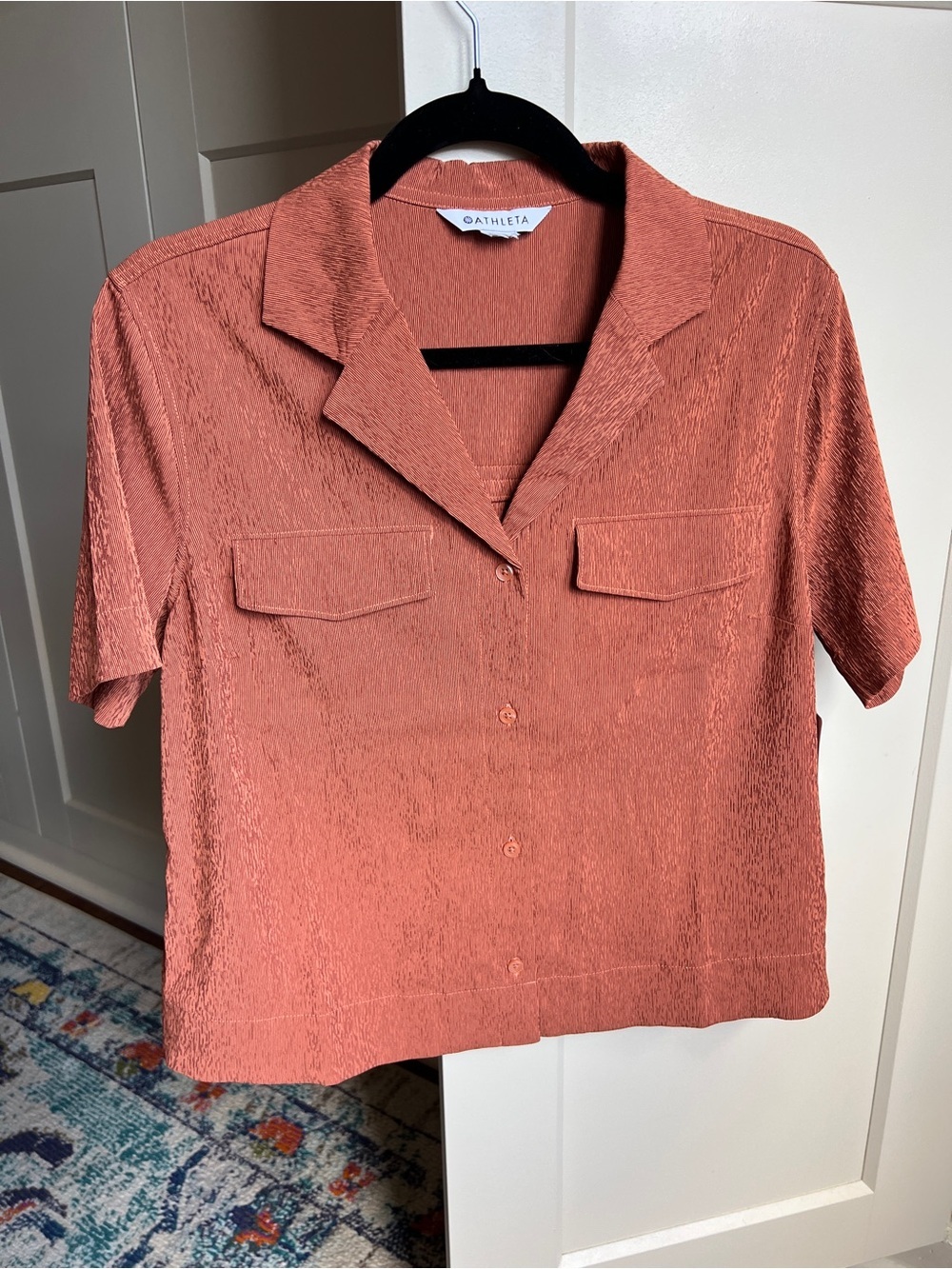 Athleta Echo Top Short Sleeve Textured rust Button Down Shirt size small